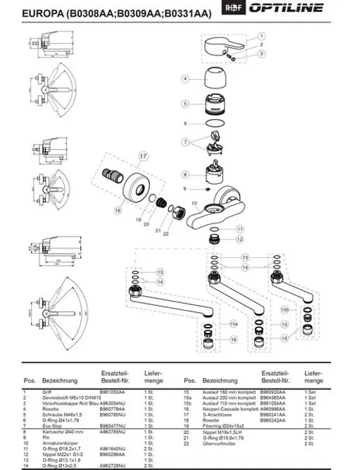 Explosionszeichnung eines Ideal Standard Produkts mit einzelnen Bauteilen. Teile sind nummeriert und mit entsprechenden Bestellnummern aufgeführt.